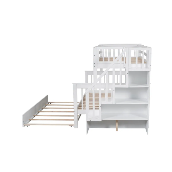White twin over full bunk bed with stairs, built-in storage compartments, and three underbed drawers – solid wood frame ideal for children’s bedrooms