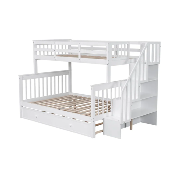 White twin over full bunk bed with stairs, built-in storage compartments, and three underbed drawers – solid wood frame ideal for children’s bedrooms