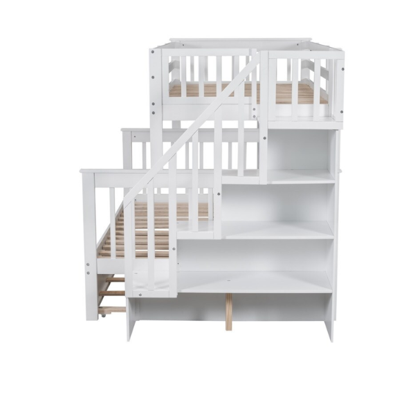White twin over full bunk bed with stairs, built-in storage compartments, and three underbed drawers – solid wood frame ideal for children’s bedrooms