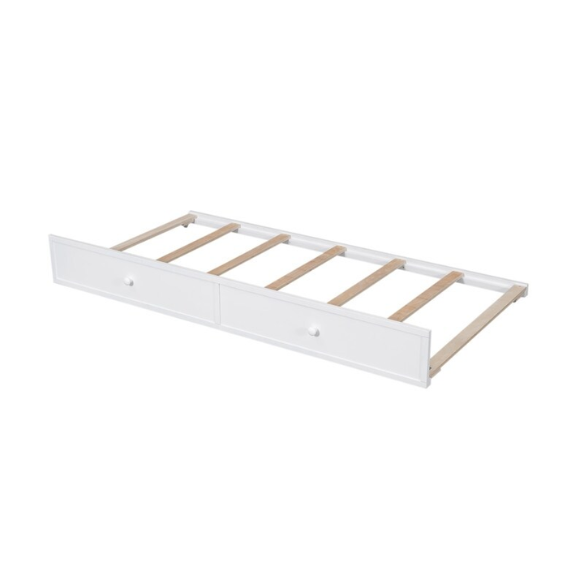 White twin over full bunk bed with stairs, built-in storage compartments, and three underbed drawers – solid wood frame ideal for children’s bedrooms