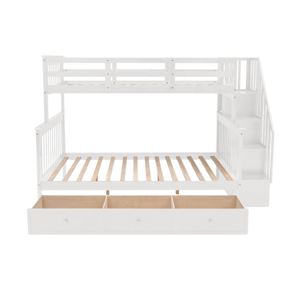 White twin over full bunk bed with stairs, built-in storage compartments, and three underbed drawers – solid wood frame ideal for children’s bedrooms