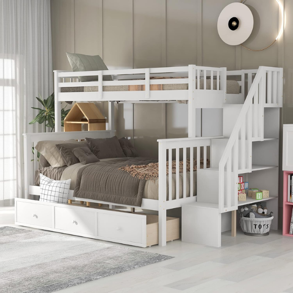 White twin over full bunk bed with stairs, built-in storage compartments, and three underbed drawers – solid wood frame ideal for children’s bedrooms