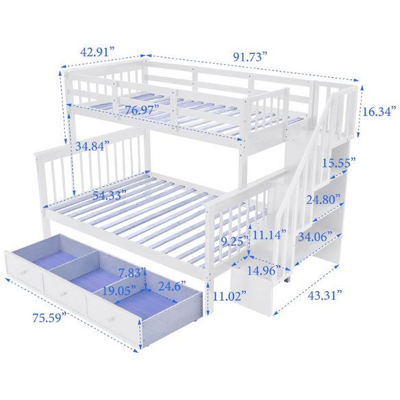 White twin over full bunk bed with stairs, built-in storage compartments, and three underbed drawers – solid wood frame ideal for children’s bedrooms