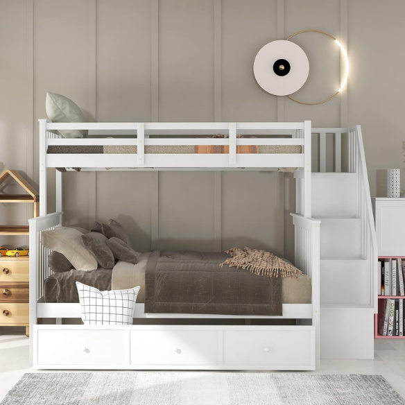White twin over full bunk bed with stairs, built-in storage compartments, and three underbed drawers – solid wood frame ideal for children’s bedrooms