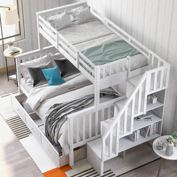 White twin over full bunk bed with stairs, built-in storage compartments, and three underbed drawers – solid wood frame ideal for children’s bedrooms