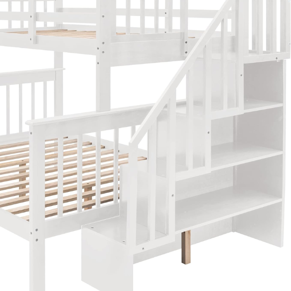 White twin over full bunk bed with stairs, built-in storage compartments, and three underbed drawers – solid wood frame ideal for children’s bedrooms