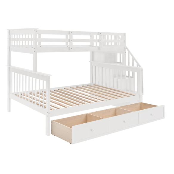 White twin over full bunk bed with stairs, built-in storage compartments, and three underbed drawers – solid wood frame ideal for children’s bedrooms