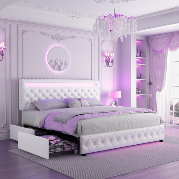 Full size platform bed upholstered in white velvet with button-tufted adjustable LED headboard, silver nailhead trim, and four underbed storage drawers on casters