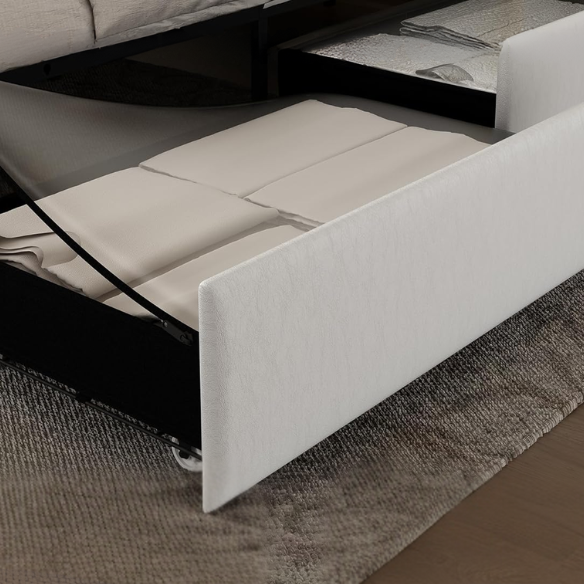 Full size platform bed upholstered in white velvet with button-tufted adjustable LED headboard, silver nailhead trim, and four underbed storage drawers on casters