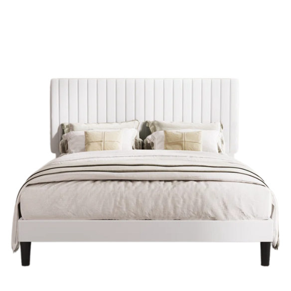 White velvet upholstered queen bed with tufted rectangular headboard and low-profile frame.