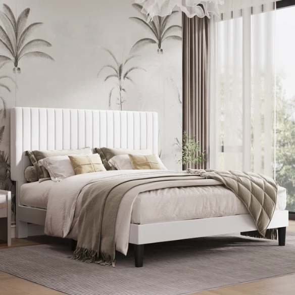 White velvet upholstered queen bed with tufted rectangular headboard and low-profile frame.