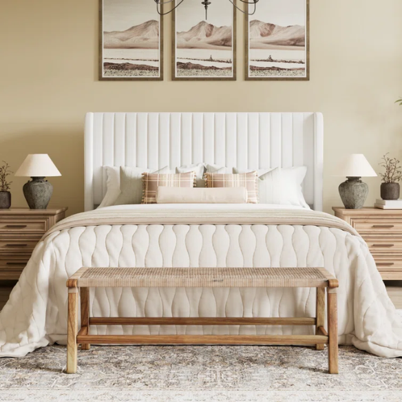 White velvet queen bed with tufted wingback headboard, 8-inch underbed clearance, and solid wood frame.