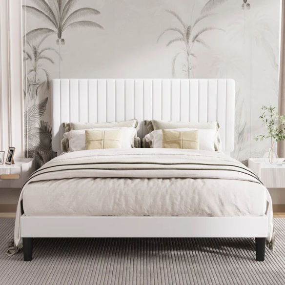 White velvet upholstered queen bed with tufted rectangular headboard and low-profile frame.