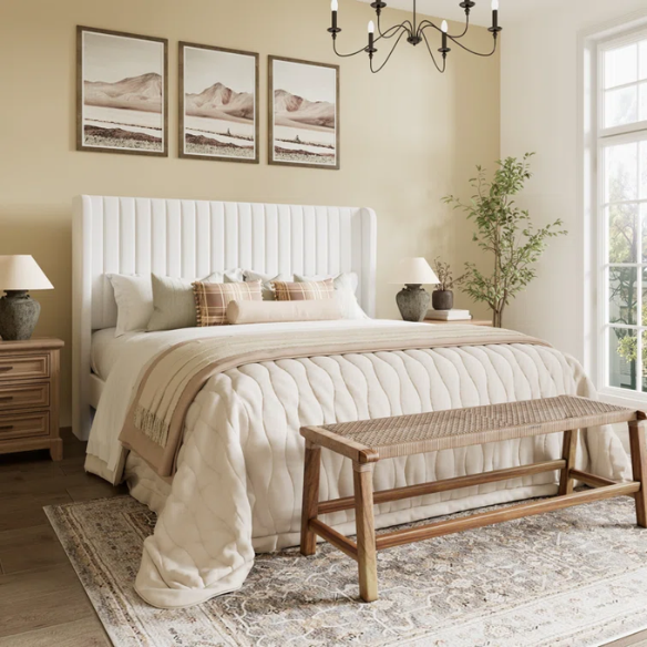 White velvet queen bed with tufted wingback headboard, 8-inch underbed clearance, and solid wood frame.