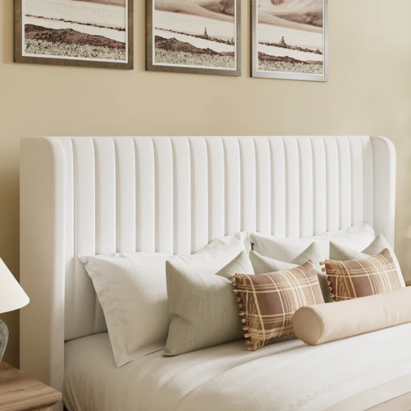 White velvet queen bed with tufted wingback headboard, 8-inch underbed clearance, and solid wood frame.