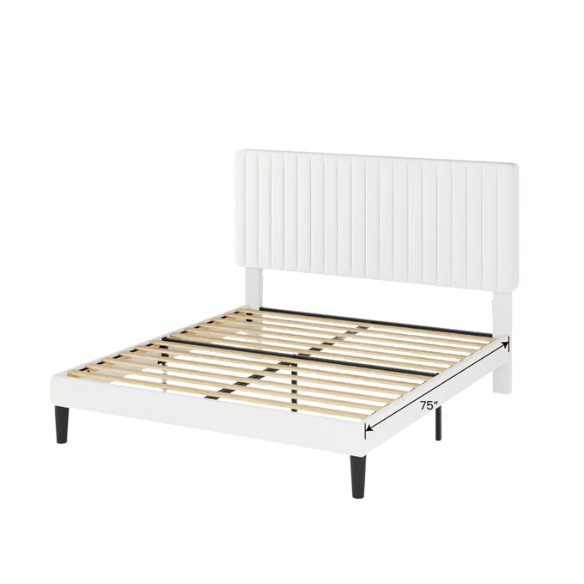 White velvet upholstered queen bed with tufted rectangular headboard and low-profile frame.