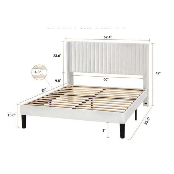 White velvet queen bed with tufted wingback headboard, 8-inch underbed clearance, and solid wood frame.