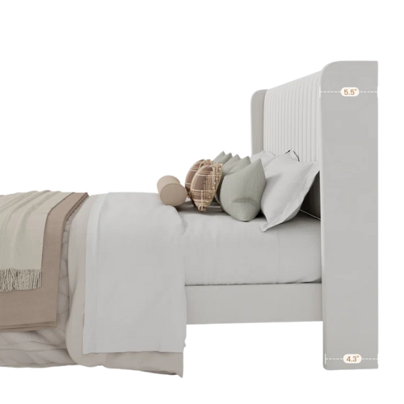 White velvet queen bed with tufted wingback headboard, 8-inch underbed clearance, and solid wood frame.