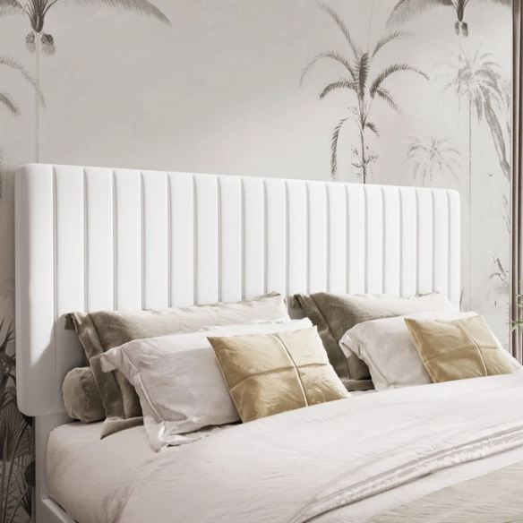 White velvet upholstered queen bed with tufted rectangular headboard and low-profile frame.