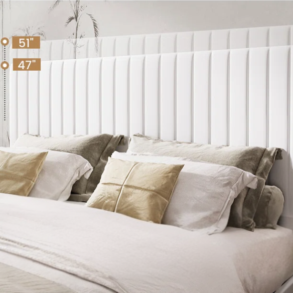 White velvet upholstered queen bed with tufted rectangular headboard and low-profile frame.