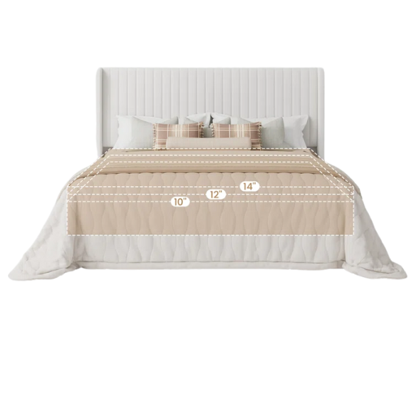 White velvet queen bed with tufted wingback headboard, 8-inch underbed clearance, and solid wood frame.