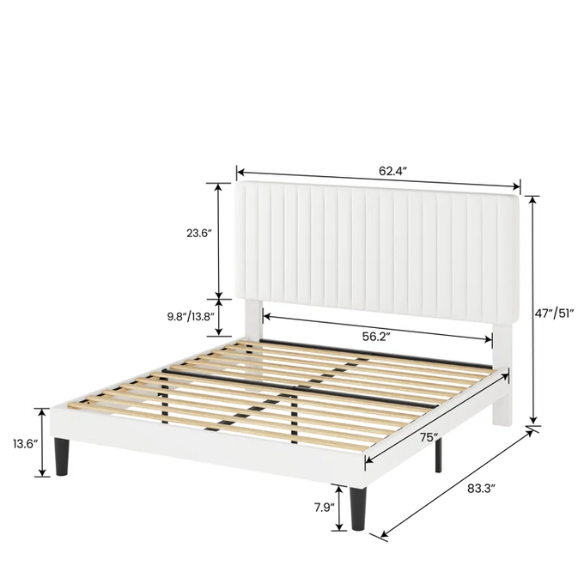White velvet upholstered queen bed with tufted rectangular headboard and low-profile frame.