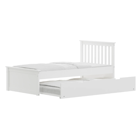 White solid wood twin bed with pull-out trundle, featuring modern slatted headboard and footboard – perfect for kids’ rooms, guests, and sleepovers.