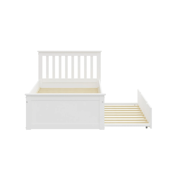 White solid wood twin bed with pull-out trundle, featuring modern slatted headboard and footboard – perfect for kids’ rooms, guests, and sleepovers.