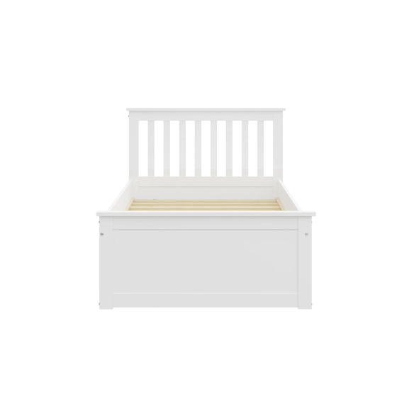 White solid wood twin bed with pull-out trundle, featuring modern slatted headboard and footboard – perfect for kids’ rooms, guests, and sleepovers.
