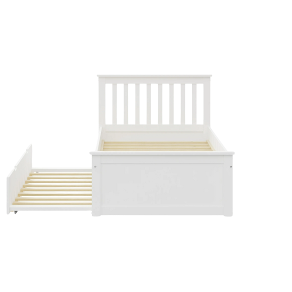 White solid wood twin bed with pull-out trundle, featuring modern slatted headboard and footboard – perfect for kids’ rooms, guests, and sleepovers.