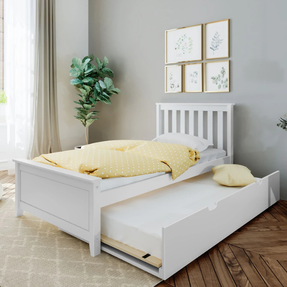 White solid wood twin bed with pull-out trundle, featuring modern slatted headboard and footboard – perfect for kids’ rooms, guests, and sleepovers.