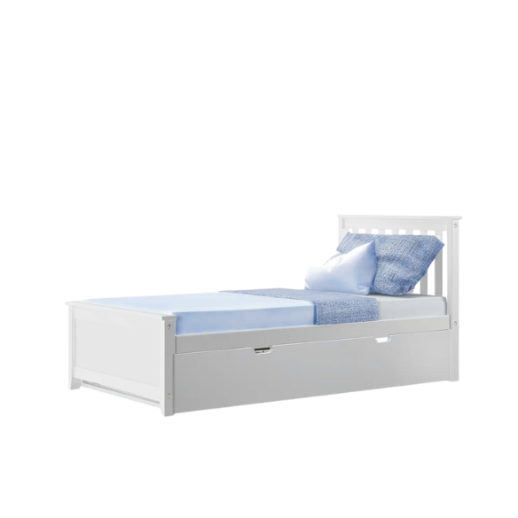 White solid wood twin bed with pull-out trundle, featuring modern slatted headboard and footboard – perfect for kids’ rooms, guests, and sleepovers.