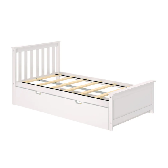 White solid wood twin bed with pull-out trundle, featuring modern slatted headboard and footboard – perfect for kids’ rooms, guests, and sleepovers.