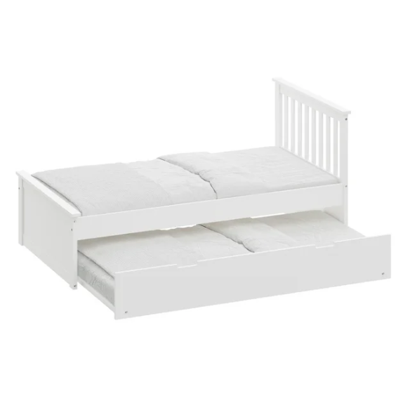 White solid wood twin bed with pull-out trundle, featuring modern slatted headboard and footboard – perfect for kids’ rooms, guests, and sleepovers.