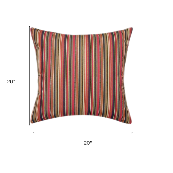 Striped accent pillow in red, brown, and gold – reversible, weather-resistant, and overstuffed with polyester fill for both indoor and outdoor use.