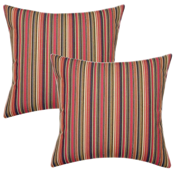 Striped accent pillow in red, brown, and gold – reversible, weather-resistant, and overstuffed with polyester fill for both indoor and outdoor use.