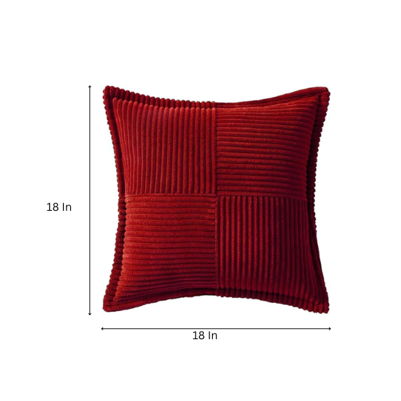 Modern red corduroy pillow cover with geometric striped pattern, square shape, and zipper closure. Ideal for home décor, living rooms, offices, and outdoor patios.