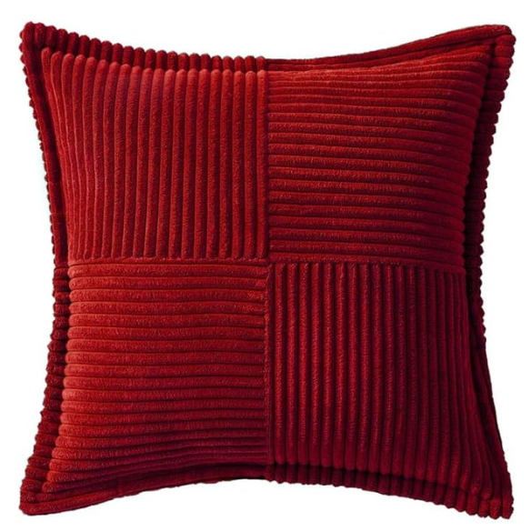 Modern red corduroy pillow cover with geometric striped pattern, square shape, and zipper closure. Ideal for home décor, living rooms, offices, and outdoor patios.