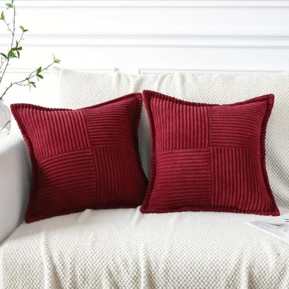 Modern red corduroy pillow cover with geometric striped pattern, square shape, and zipper closure. Ideal for home décor, living rooms, offices, and outdoor patios.