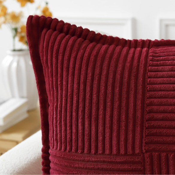 Modern red corduroy pillow cover with geometric striped pattern, square shape, and zipper closure. Ideal for home décor, living rooms, offices, and outdoor patios.
