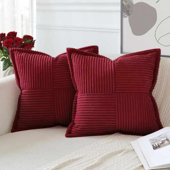 Modern red corduroy pillow cover with geometric striped pattern, square shape, and zipper closure. Ideal for home décor, living rooms, offices, and outdoor patios.