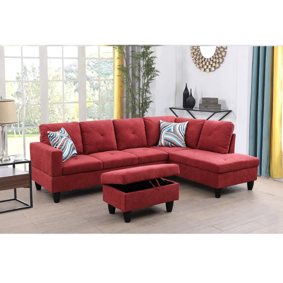 Red L-shaped sectional sofa with right-facing chaise and ottoman, microfiber upholstery and light gray wooden legs