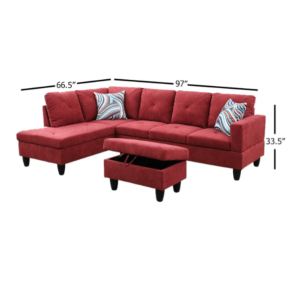 Red L-shaped sectional sofa with right-facing chaise and ottoman, microfiber upholstery and light gray wooden legs