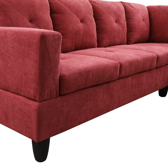 Red L-shaped sectional sofa with right-facing chaise and ottoman, microfiber upholstery and light gray wooden legs