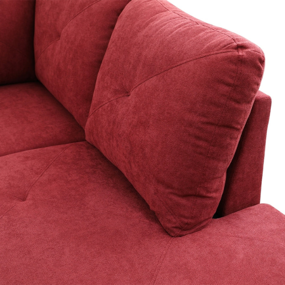 Red L-shaped sectional sofa with right-facing chaise and ottoman, microfiber upholstery and light gray wooden legs