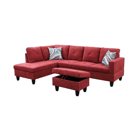 Red L-shaped sectional sofa with right-facing chaise and ottoman, microfiber upholstery and light gray wooden legs
