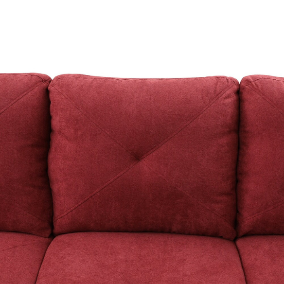 Red L-shaped sectional sofa with right-facing chaise and ottoman, microfiber upholstery and light gray wooden legs