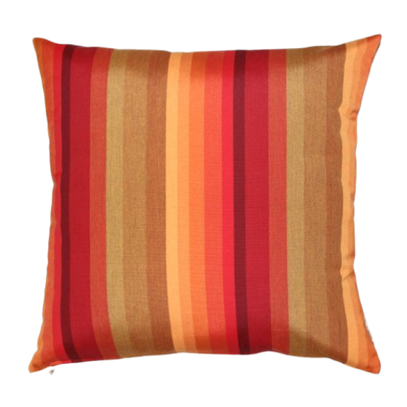 Striped accent pillow in red, orange, and brown – reversible, weather-resistant, and overstuffed for cozy indoor or outdoor décor.