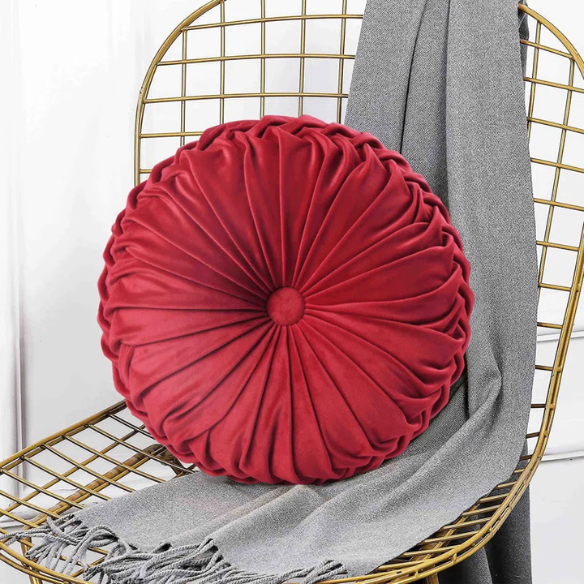Set of 2 red pleated velvet round throw pillows with button tufted center – 14.5 inch pumpkin-style decorative cushions for sofa, bed, or reading nook