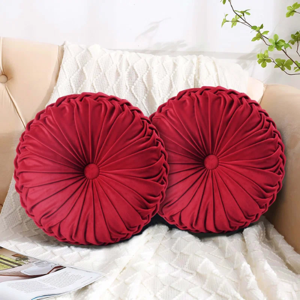 Set of 2 red pleated velvet round throw pillows with button tufted center – 14.5 inch pumpkin-style decorative cushions for sofa, bed, or reading nook
